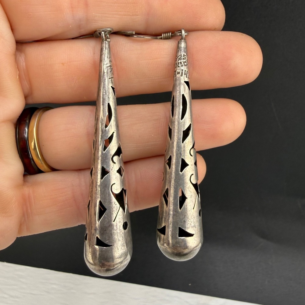 Vintage Sterling Silver Earrings Shadowbox Cone Dangle Pierced